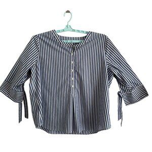 Van Heusen Womens Blue & White Striped Button Up Blouse Tie-Cuff Sleeves XXL